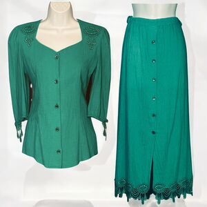 Vintage 80s Lilia Smith XS Maxi Skirt & Top Green Button Up Retro Wild West Glam